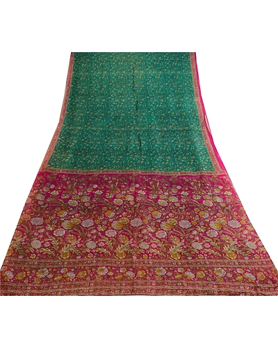 Sanskriti Vintage Sarees Indian Green Printed Pure Silk Sari 5Yd Craft Fabric, PR-63757-Green-Pure Silk-7