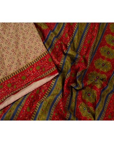 Sanskriti Vintage Sarees From India Beige Printed Pure Silk Sari Craft Fabric, PR-63772-Beige-Pure Silk-1