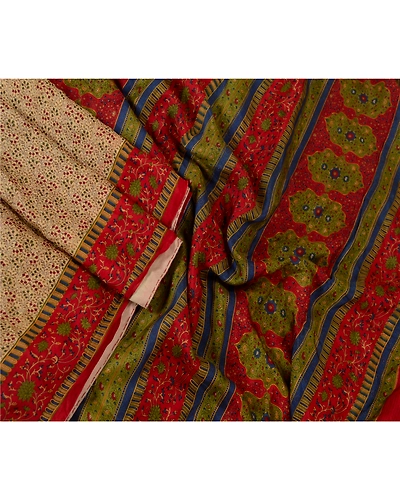 Sanskriti Vintage Sarees From India Beige Printed Pure Silk Sari Craft Fabric, PR-63772-Beige-Pure Silk-2