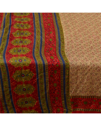 Sanskriti Vintage Sarees From India Beige Printed Pure Silk Sari Craft Fabric, PR-63772-Beige-Pure Silk-3