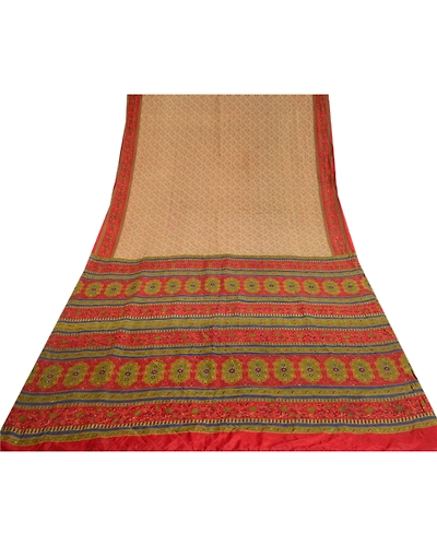 Sanskriti Vintage Sarees From India Beige Printed Pure Silk Sari Craft Fabric, PR-63772-Beige-Pure Silk-8