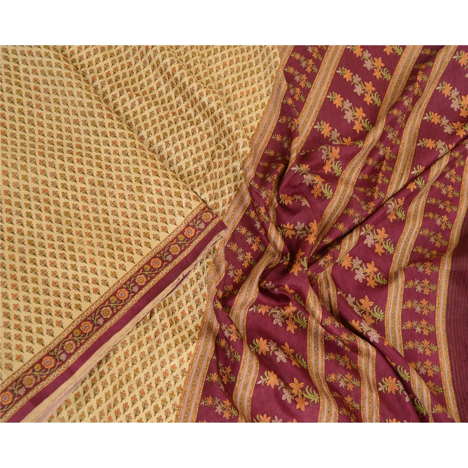 Sanskriti Vintage Sarees Cream Indian Printed Pure Silk Sari Soft Craft Fabric, PR-63773-Cream-Pure Silk-1