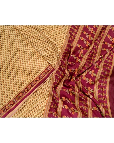 Sanskriti Vintage Sarees Cream Indian Printed Pure Silk Sari Soft Craft Fabric, PR-63773-Cream-Pure Silk-1