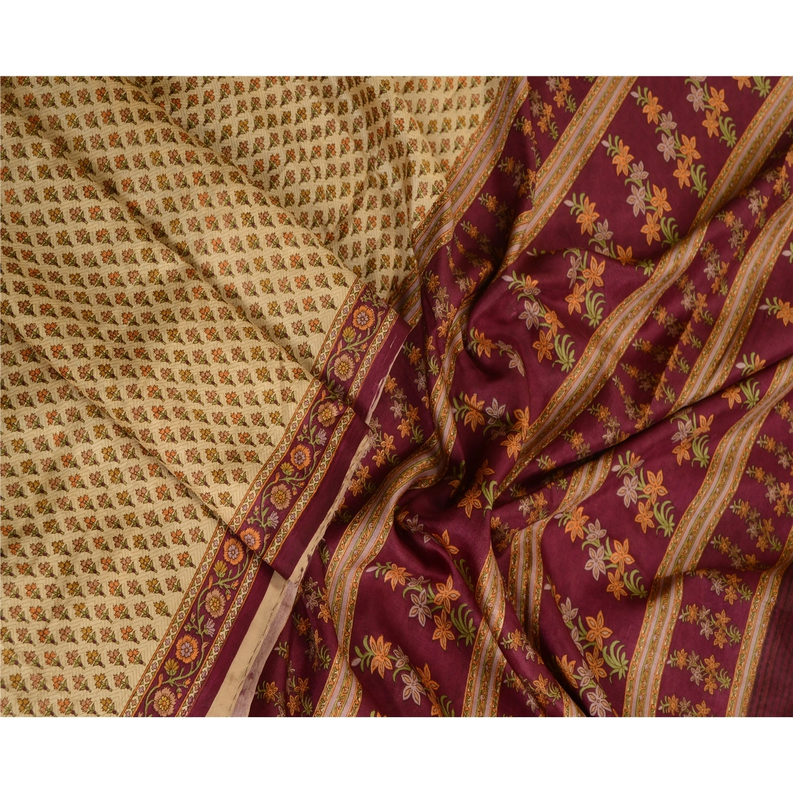 Sanskriti Vintage Sarees Cream Indian Printed Pure Silk Sari Soft Craft Fabric, PR-63773-Cream-Pure Silk-2