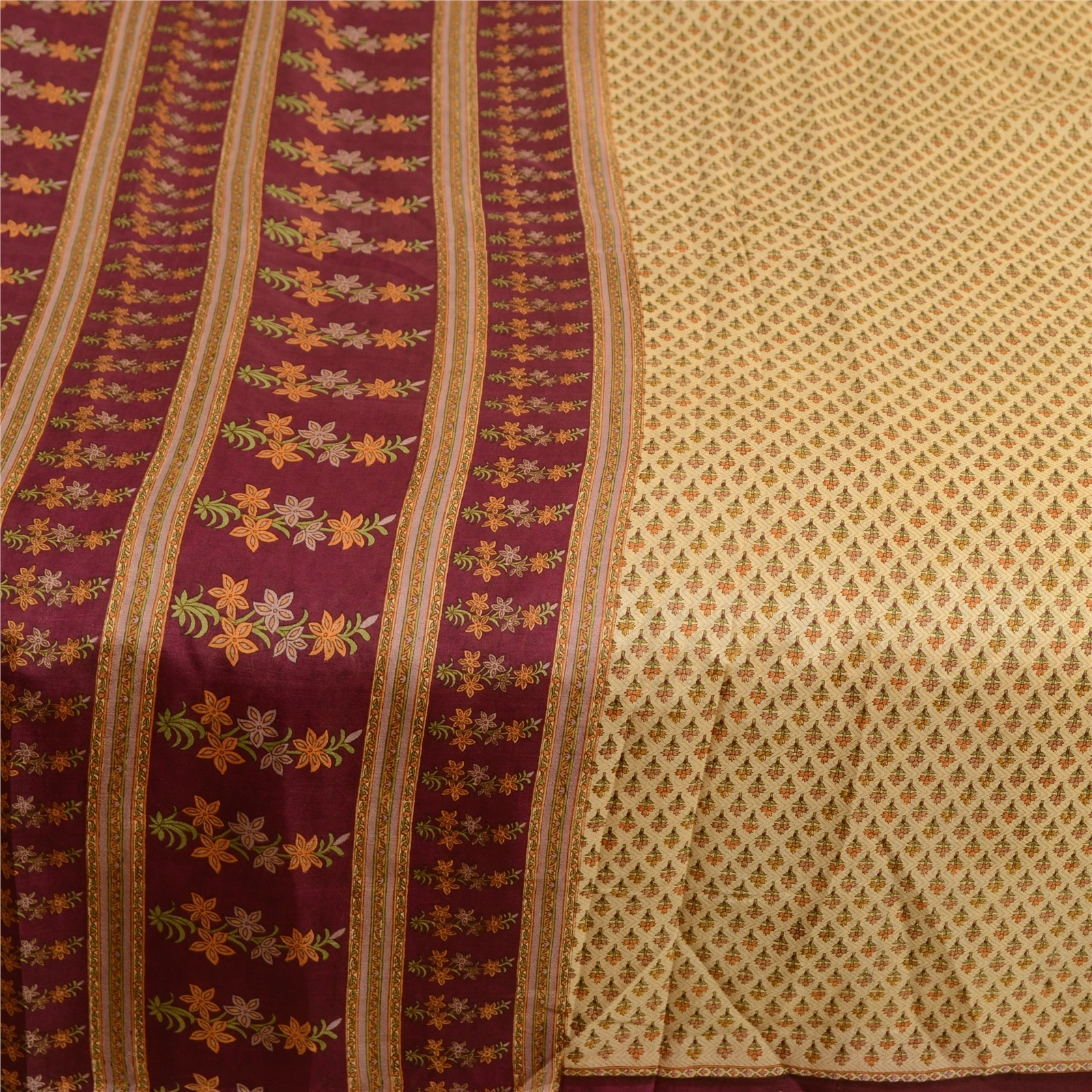 Sanskriti Vintage Sarees Cream Indian Printed Pure Silk Sari Soft Craft Fabric, PR-63773-Cream-Pure Silk-3