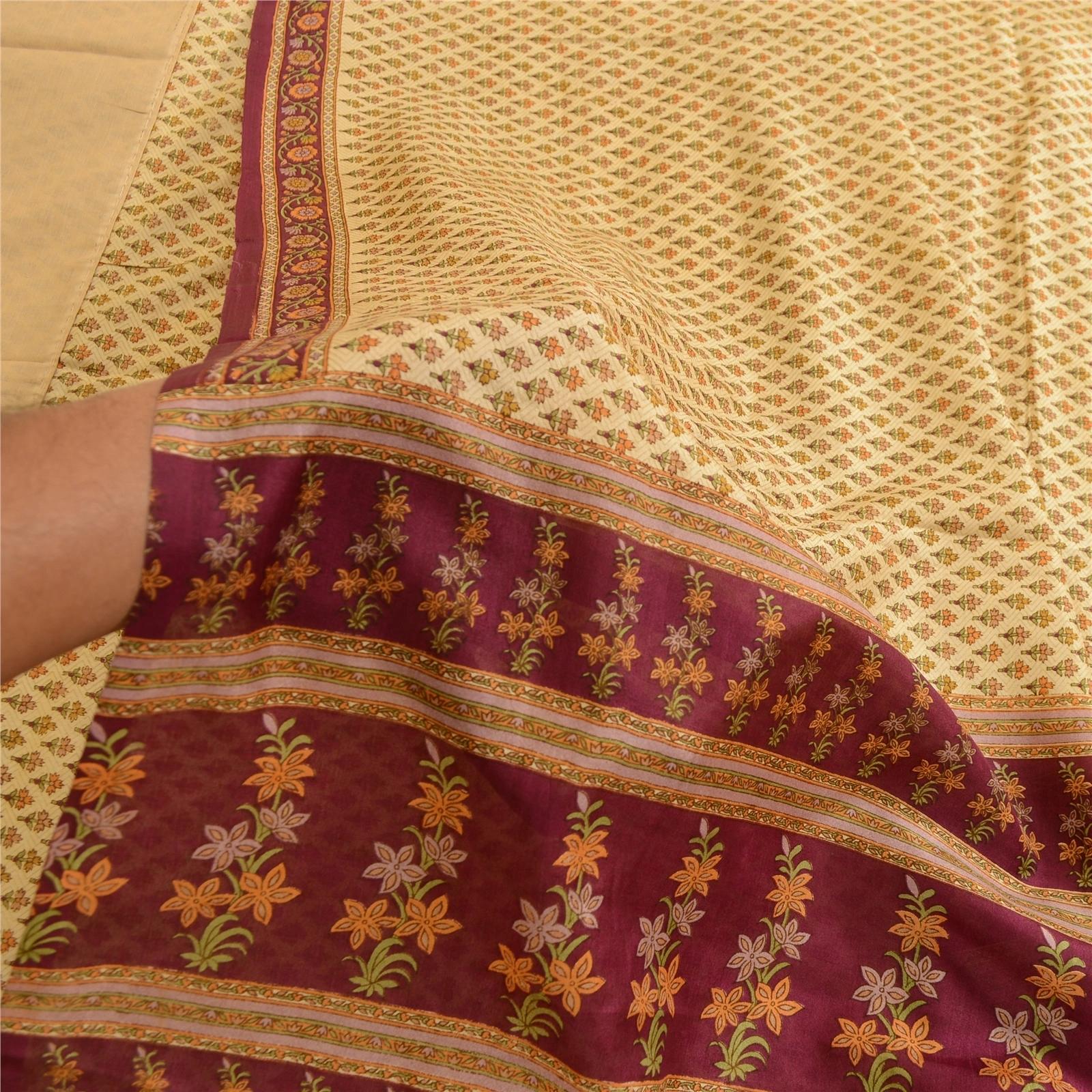 Sanskriti Vintage Sarees Cream Indian Printed Pure Silk Sari Soft Craft Fabric, PR-63773-Cream-Pure Silk-5