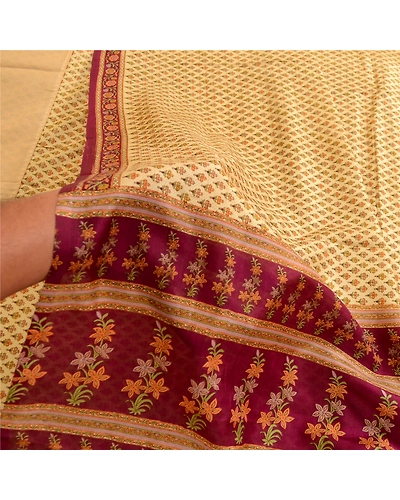 Sanskriti Vintage Sarees Cream Indian Printed Pure Silk Sari Soft Craft Fabric, PR-63773-Cream-Pure Silk-5