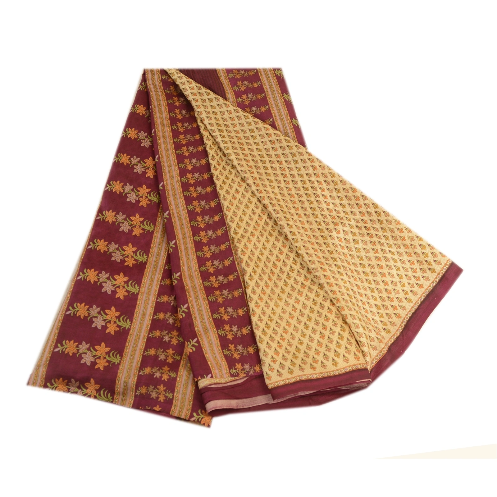 Sanskriti Vintage Sarees Cream Indian Printed Pure Silk Sari Soft Craft Fabric, PR-63773-Cream-Pure Silk-6