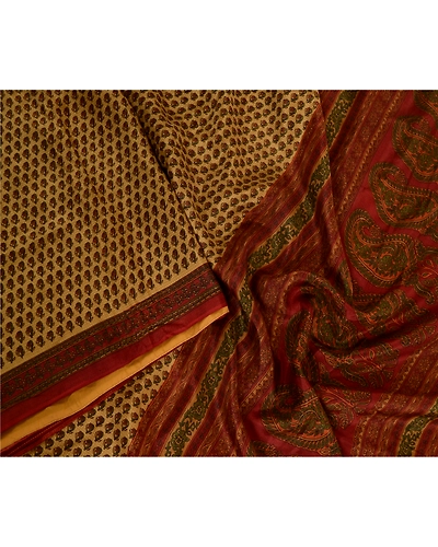 Sanskriti Vintage Sarees Beige Indian Printed Pure Silk Sari Soft Craft Fabric, PR-63775-Shades Of Beige-Pure Silk-1