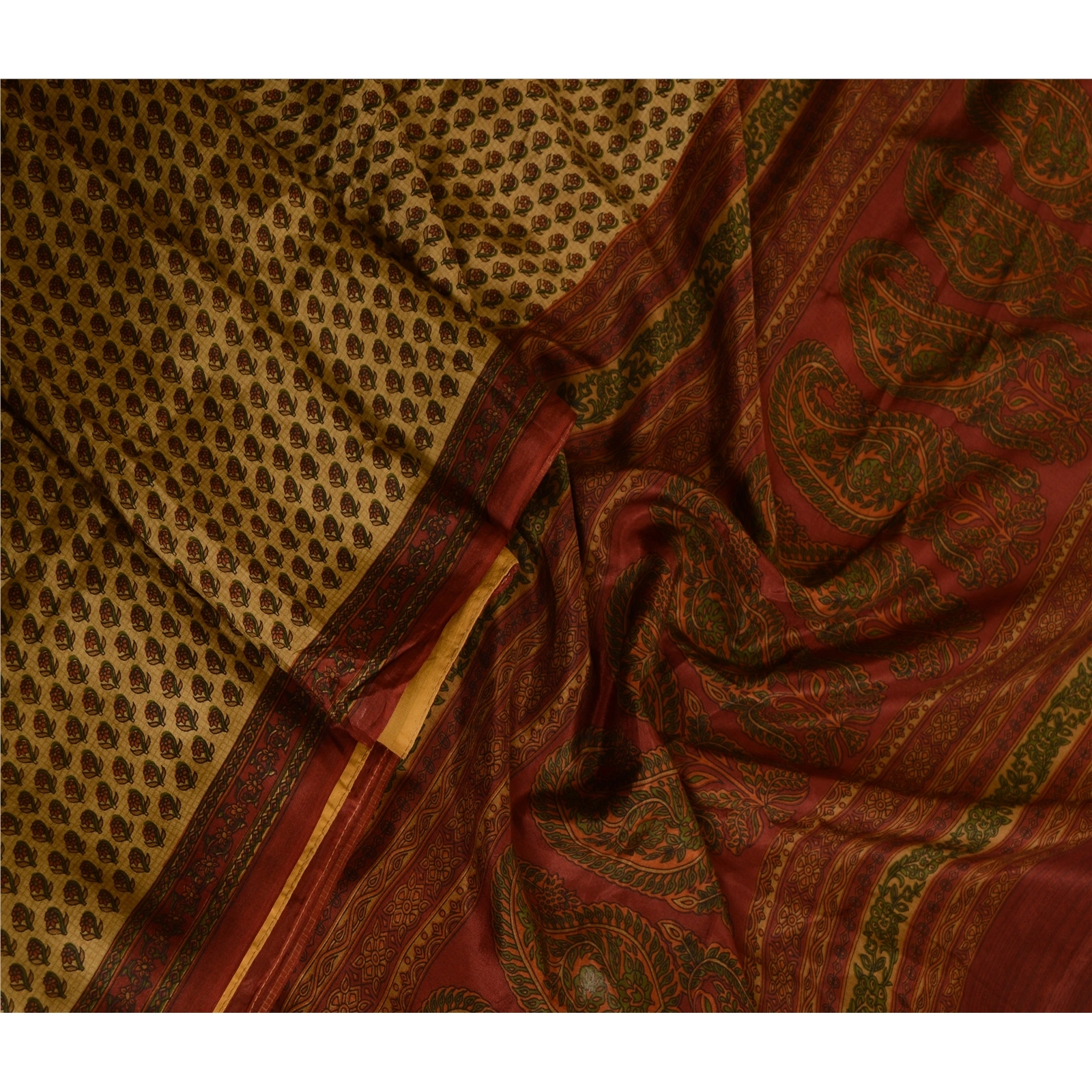 Sanskriti Vintage Sarees Beige Indian Printed Pure Silk Sari Soft Craft Fabric, PR-63775-Shades Of Beige-Pure Silk-2