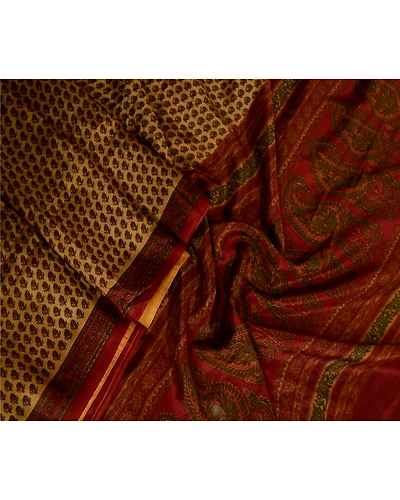 Sanskriti Vintage Sarees Beige Indian Printed Pure Silk Sari Soft Craft Fabric, PR-63775-Shades Of Beige-Pure Silk-2