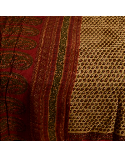 Sanskriti Vintage Sarees Beige Indian Printed Pure Silk Sari Soft Craft Fabric, PR-63775-Shades Of Beige-Pure Silk-3