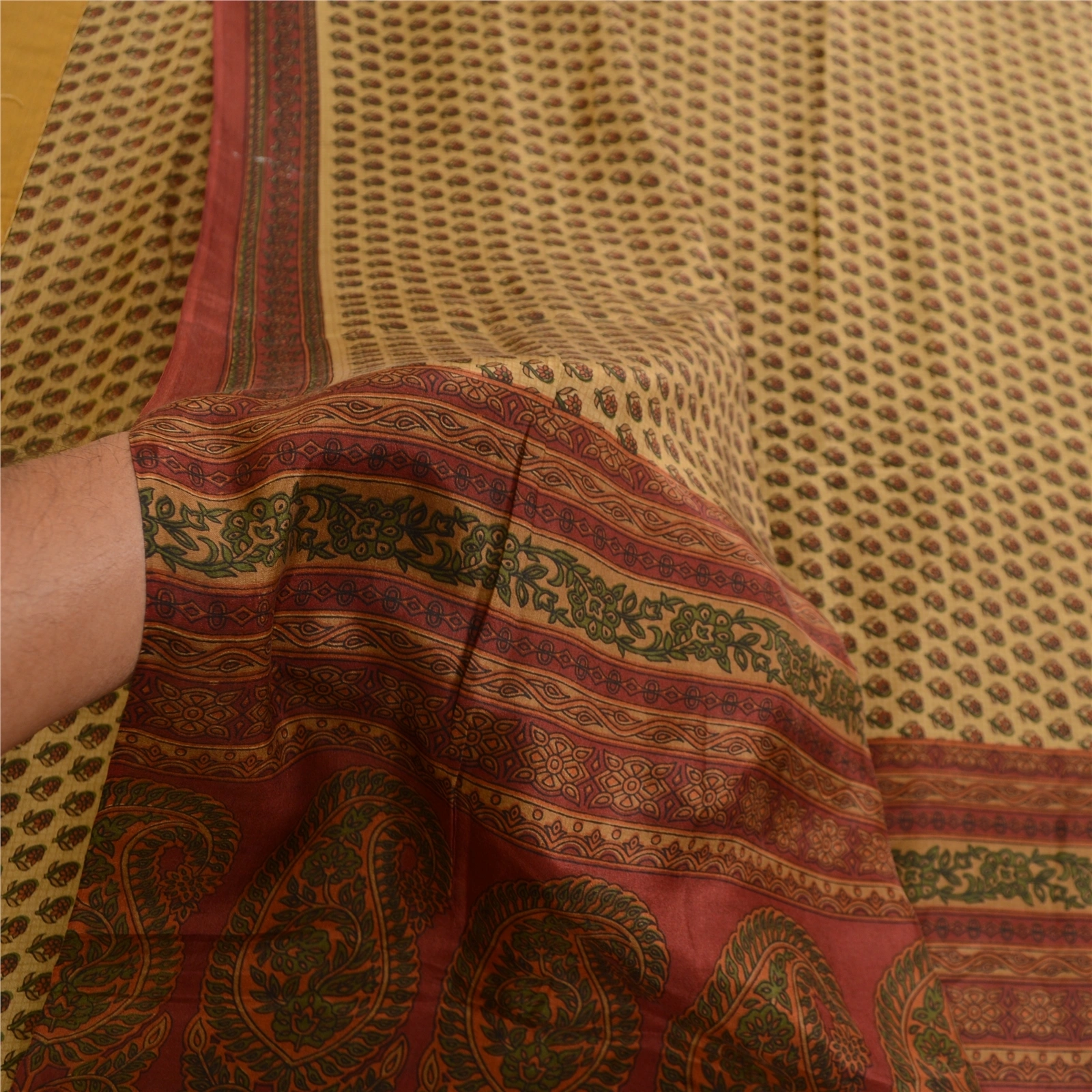 Sanskriti Vintage Sarees Beige Indian Printed Pure Silk Sari Soft Craft Fabric, PR-63775-Shades Of Beige-Pure Silk-5