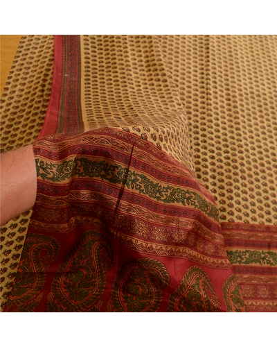 Sanskriti Vintage Sarees Beige Indian Printed Pure Silk Sari Soft Craft Fabric, PR-63775-Shades Of Beige-Pure Silk-5