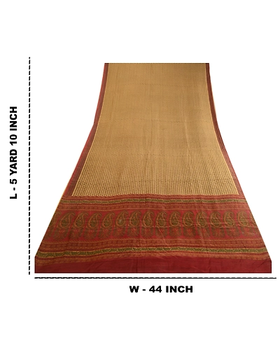 Sanskriti Vintage Sarees Beige Indian Printed Pure Silk Sari Soft Craft Fabric, PR-63775-Shades Of Beige-Pure Silk-8