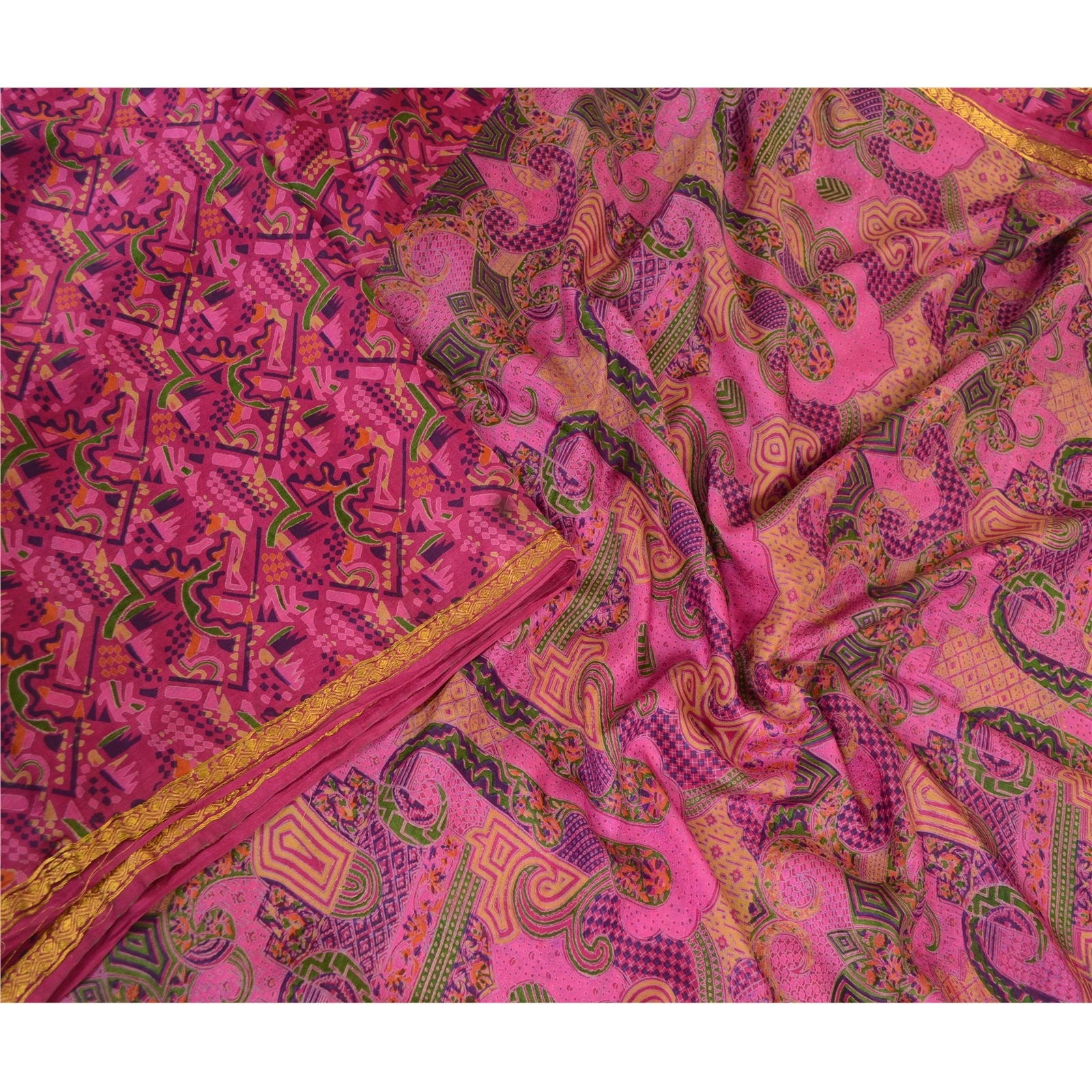 Sanskriti Vintage Sarees Purple Printed Zari Border Pure Silk Sari Craft Fabric, PR-63781-Purple-Pure Silk-2