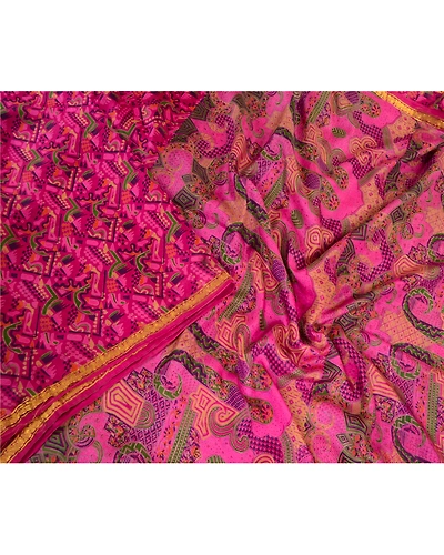 Sanskriti Vintage Sarees Purple Printed Zari Border Pure Silk Sari Craft Fabric, PR-63781-Purple-Pure Silk-2
