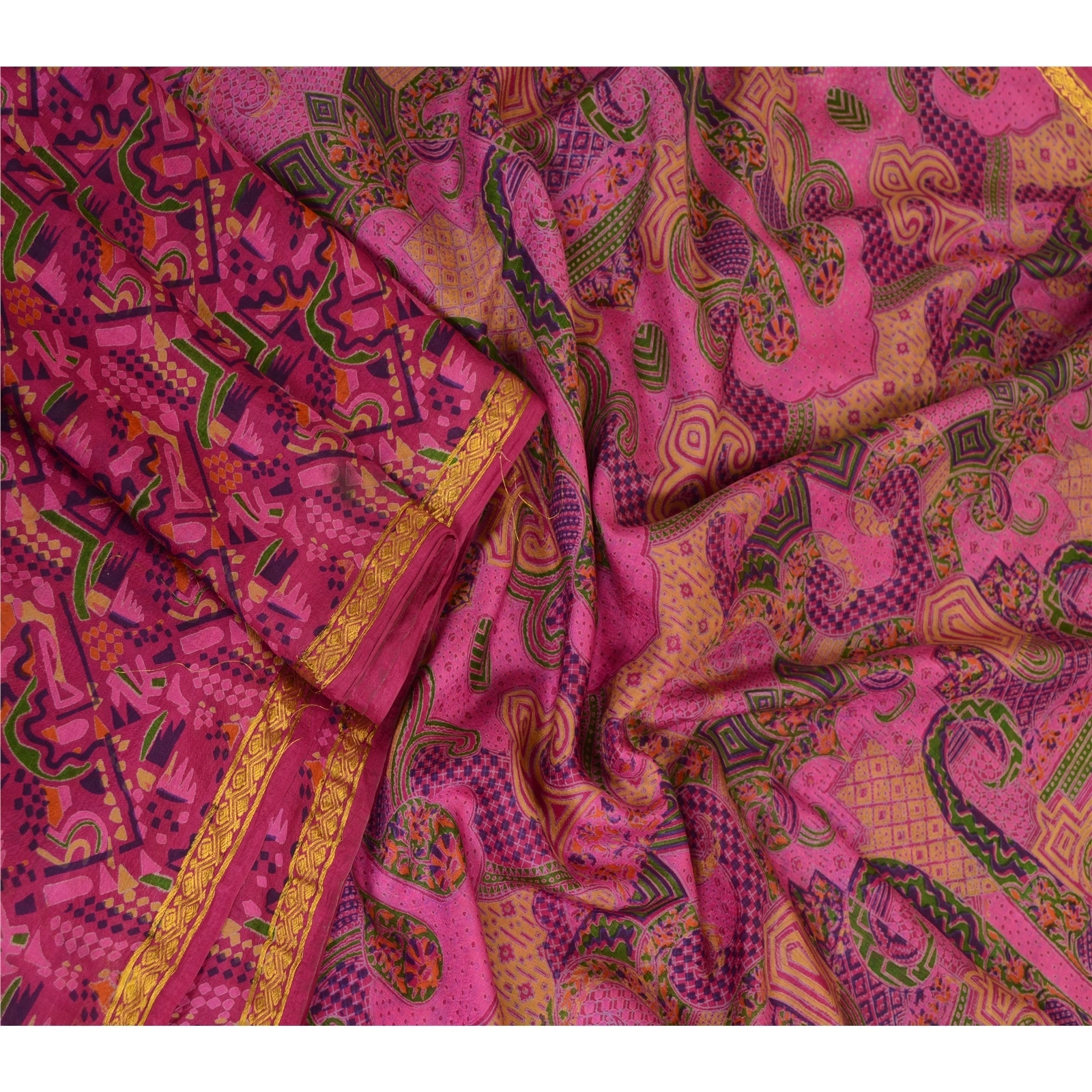 Sanskriti Vintage Sarees Purple Printed Zari Border Pure Silk Sari Craft Fabric, PR-63781-Purple-Pure Silk-3