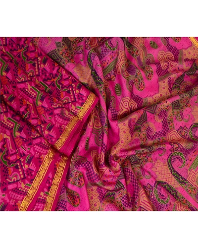 Sanskriti Vintage Sarees Purple Printed Zari Border Pure Silk Sari Craft Fabric, PR-63781-Purple-Pure Silk-3