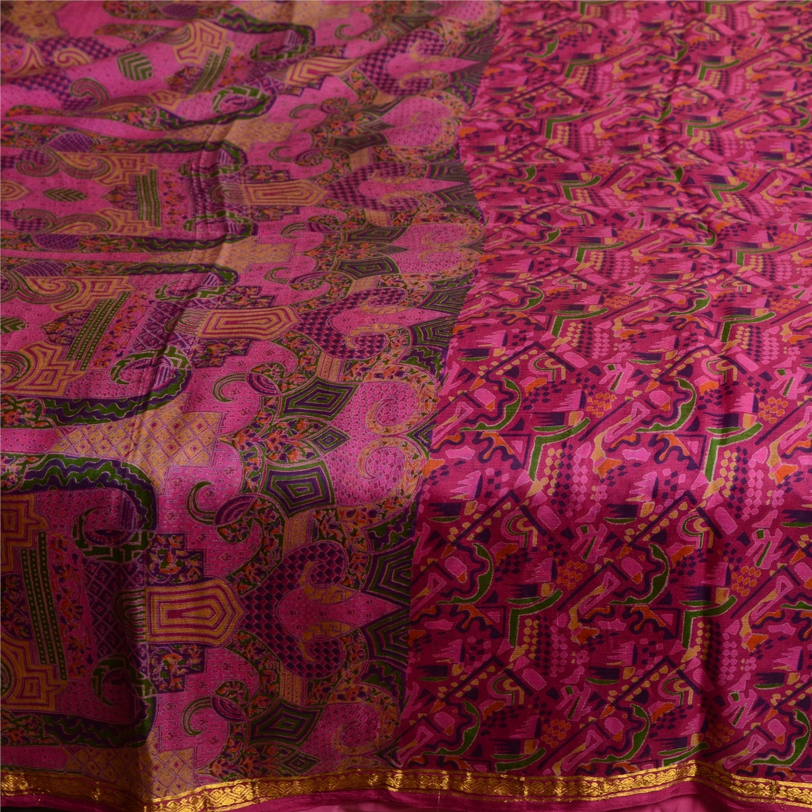 Sanskriti Vintage Sarees Purple Printed Zari Border Pure Silk Sari Craft Fabric, PR-63781-Purple-Pure Silk-4