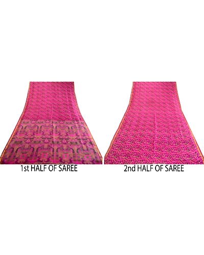 Sanskriti Vintage Sarees Purple Printed Zari Border Pure Silk Sari Craft Fabric, PR-63781-Purple-Pure Silk-5