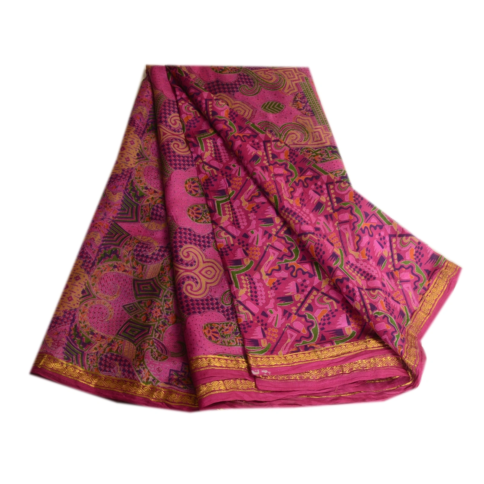 Sanskriti Vintage Sarees Purple Printed Zari Border Pure Silk Sari Craft Fabric, PR-63781-Purple-Pure Silk-7