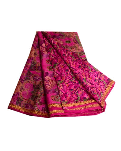 Sanskriti Vintage Sarees Purple Printed Zari Border Pure Silk Sari Craft Fabric, PR-63781-Purple-Pure Silk-7
