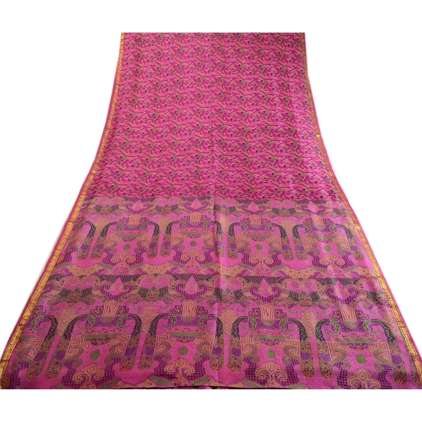 Sanskriti Vintage Sarees Purple Printed Zari Border Pure Silk Sari Craft Fabric, PR-63781-Purple-Pure Silk-8