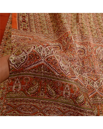 Sanskriti Vintage Sarees From India Orange Printed Pure Silk Sari Craft Fabric, PR-63782-Orange-Pure Silk-5
