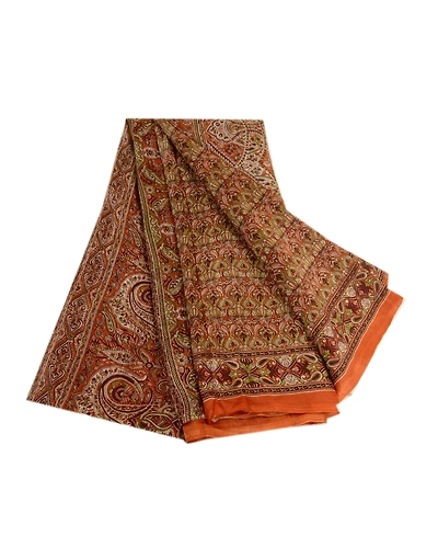 Sanskriti Vintage Sarees From India Orange Printed Pure Silk Sari Craft Fabric, PR-63782-Orange-Pure Silk-7