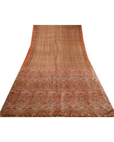 Sanskriti Vintage Sarees From India Orange Printed Pure Silk Sari Craft Fabric, PR-63782-Orange-Pure Silk-8
