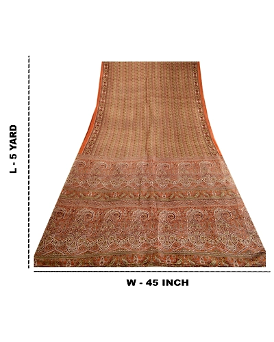 Sanskriti Vintage Sarees From India Orange Printed Pure Silk Sari Craft Fabric, PR-63782-Orange-Pure Silk-9