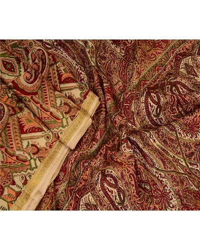 Sanskriti Vintage Sarees Dark-Red Zari Border Print Pure Silk Sari Craft Fabric, PR-63786-Dark Red-Pure Silk-2