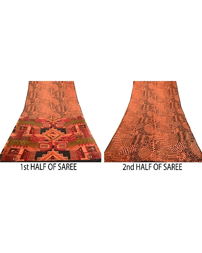 Sanskriti Vintage Sarees Orange Pure Silk Geometric Printed Sari Craft Fabric, PR-63796-Orange-Pure Silk-5