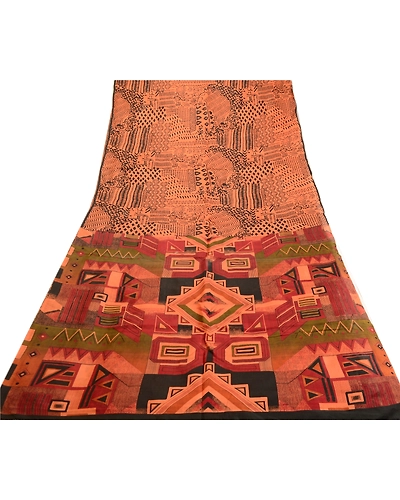 Sanskriti Vintage Sarees Orange Pure Silk Geometric Printed Sari Craft Fabric, PR-63796-Orange-Pure Silk-8