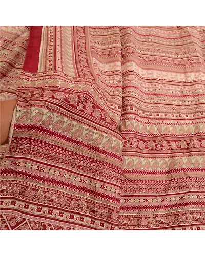 Sanskriti Vintage Sarees Dark Red Pure Silk Printed Sari 5Yd Soft Craft Fabric, PR-63811-Dark Red-Pure Silk-5