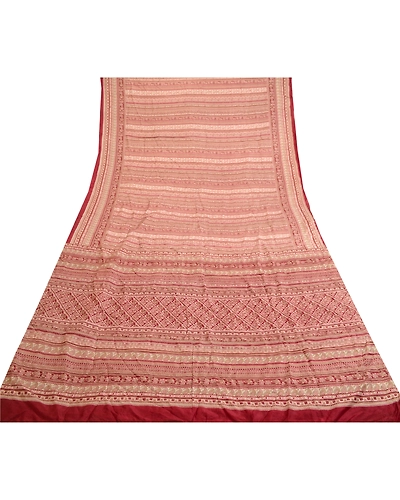 Sanskriti Vintage Sarees Dark Red Pure Silk Printed Sari 5Yd Soft Craft Fabric, PR-63811-Dark Red-Pure Silk-7