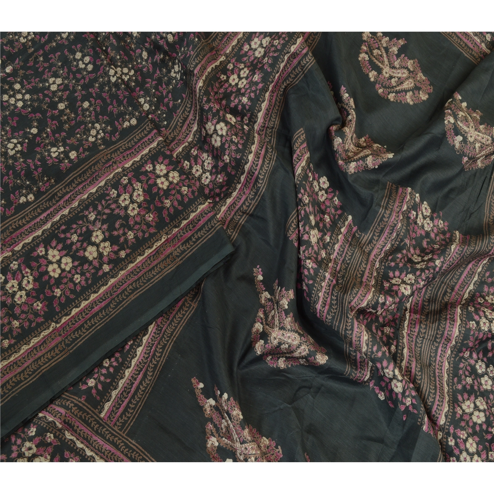 Sanskriti Vintage Sarees Grayish-Black Blend Silk Printed Sari Soft Craft Fabric, PR-63817-Grayish-Black-Blend Silk-1