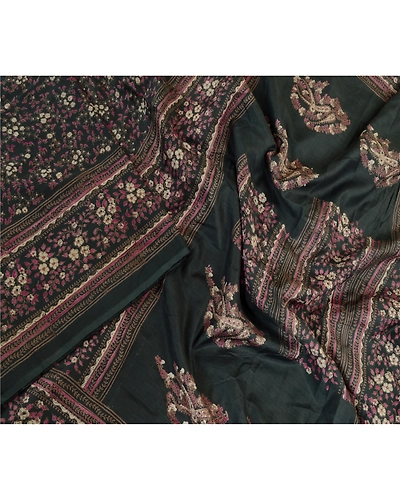 Sanskriti Vintage Sarees Grayish-Black Blend Silk Printed Sari Soft Craft Fabric, PR-63817-Grayish-Black-Blend Silk-1