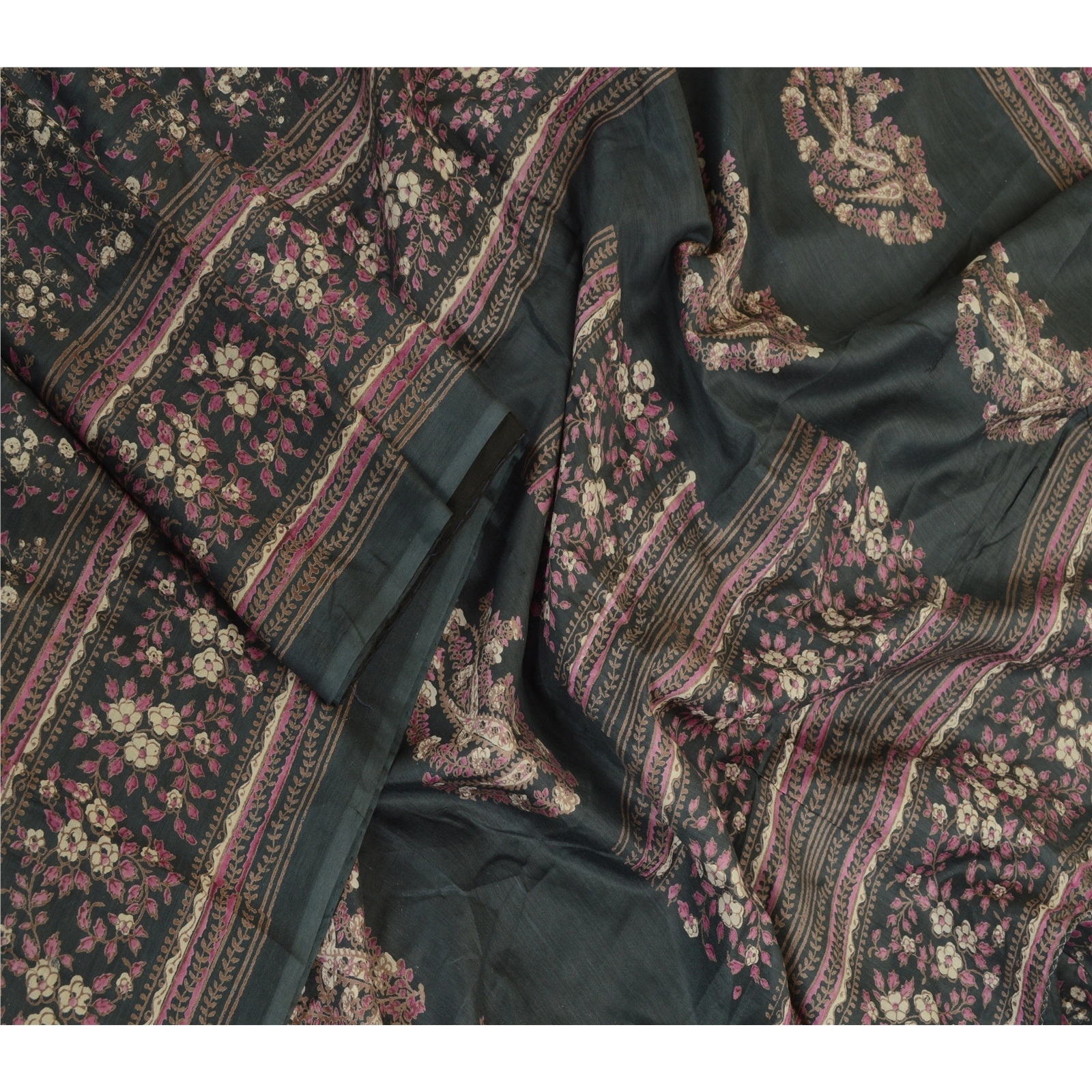 Sanskriti Vintage Sarees Grayish-Black Blend Silk Printed Sari Soft Craft Fabric, PR-63817-Grayish-Black-Blend Silk-2