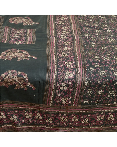 Sanskriti Vintage Sarees Grayish-Black Blend Silk Printed Sari Soft Craft Fabric, PR-63817-Grayish-Black-Blend Silk-3