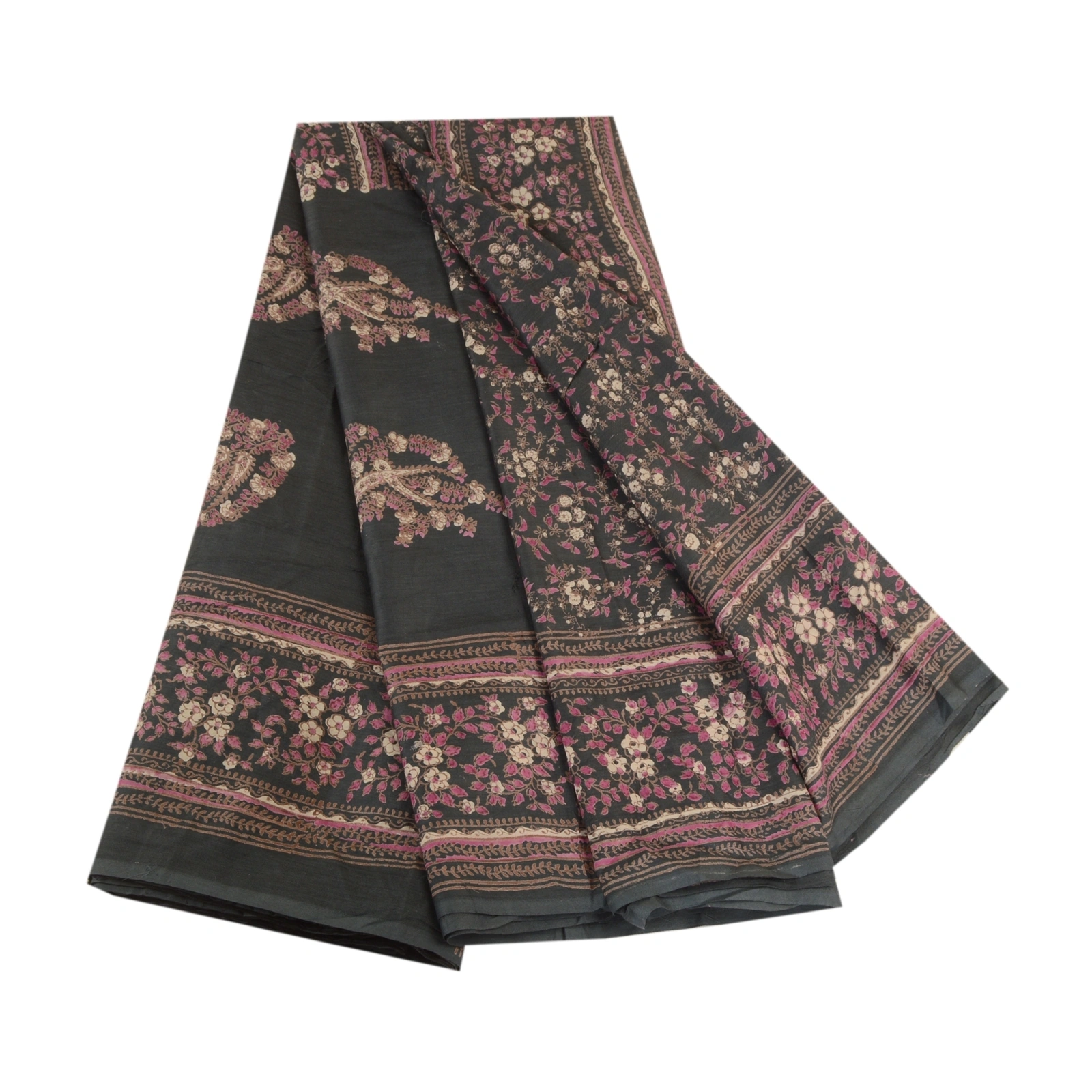 Sanskriti Vintage Sarees Grayish-Black Blend Silk Printed Sari Soft Craft Fabric, PR-63817-Grayish-Black-Blend Silk-6