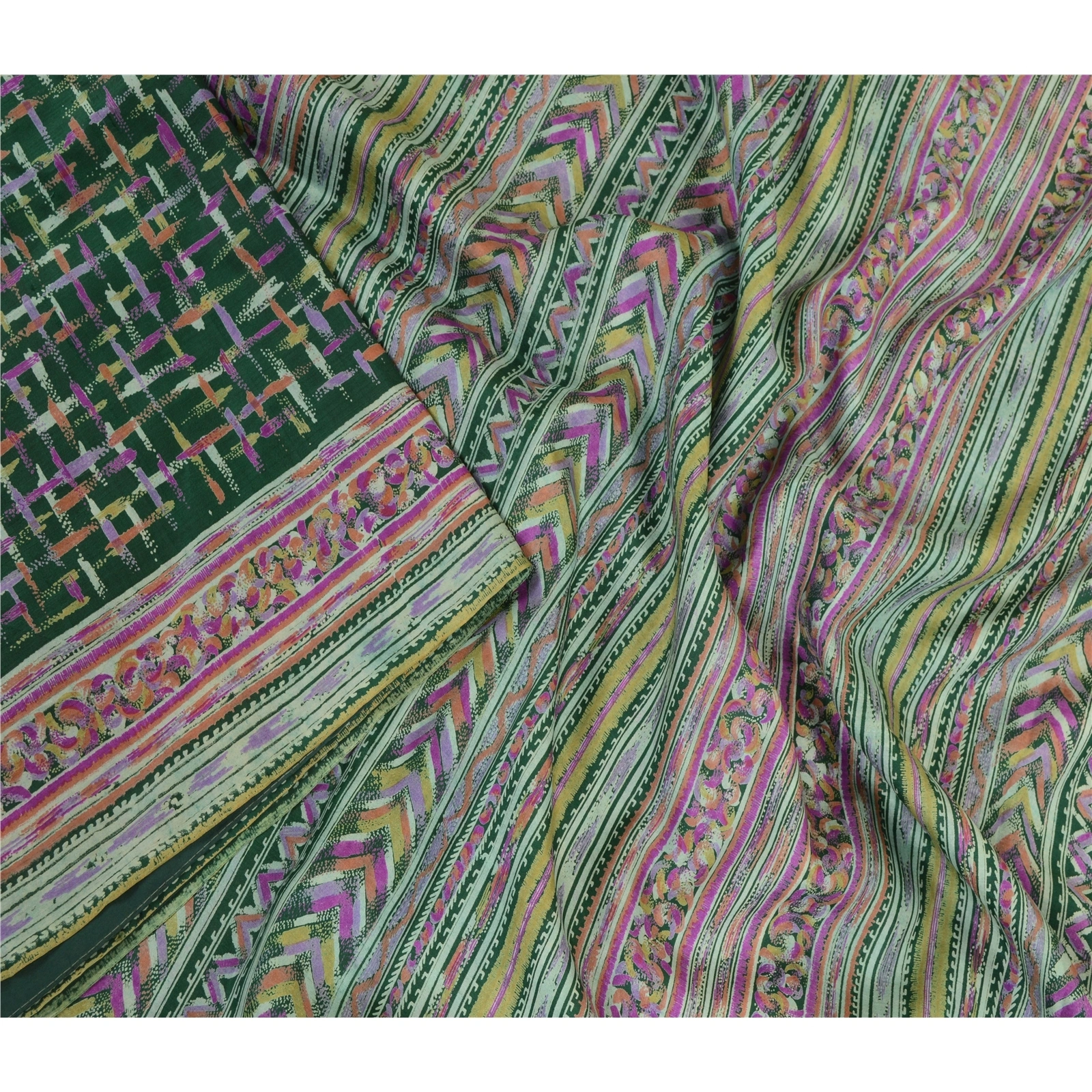 Sanskriti Vintage Sarees Indian Green Pure Silk Printed Sari Soft Craft Fabric, PR-63818-Green-Pure Silk-1