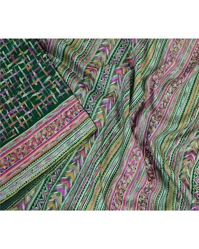 Sanskriti Vintage Sarees Indian Green Pure Silk Printed Sari Soft Craft Fabric, PR-63818-Green-Pure Silk-1