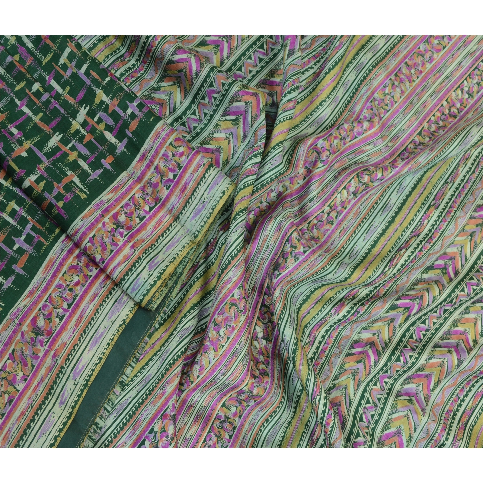 Sanskriti Vintage Sarees Indian Green Pure Silk Printed Sari Soft Craft Fabric, PR-63818-Green-Pure Silk-2