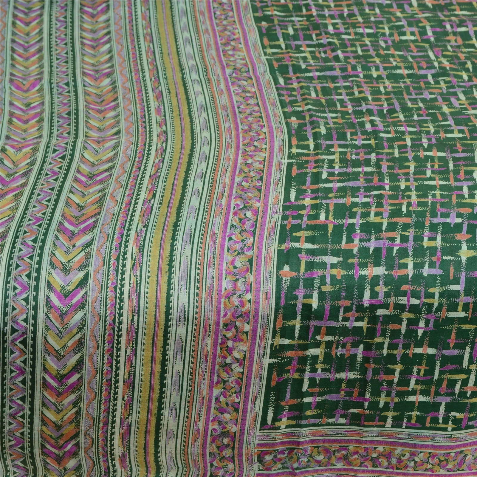 Sanskriti Vintage Sarees Indian Green Pure Silk Printed Sari Soft Craft Fabric, PR-63818-Green-Pure Silk-3