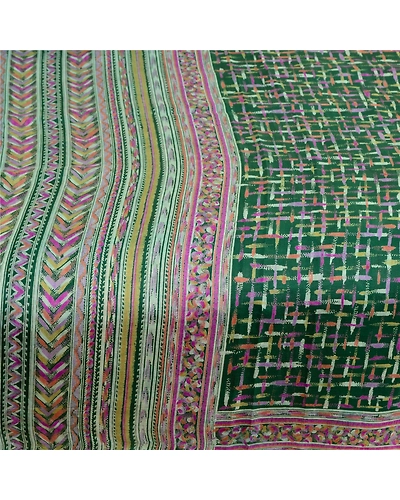 Sanskriti Vintage Sarees Indian Green Pure Silk Printed Sari Soft Craft Fabric, PR-63818-Green-Pure Silk-3