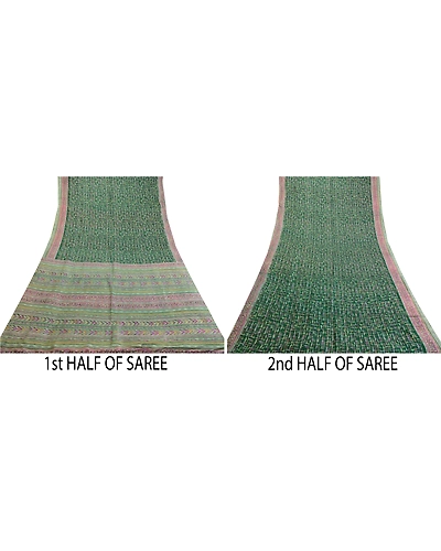 Sanskriti Vintage Sarees Indian Green Pure Silk Printed Sari Soft Craft Fabric, PR-63818-Green-Pure Silk-4