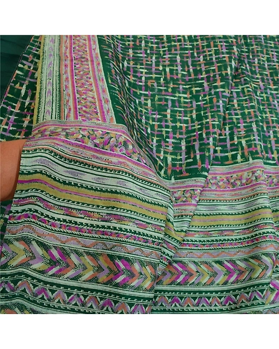 Sanskriti Vintage Sarees Indian Green Pure Silk Printed Sari Soft Craft Fabric, PR-63818-Green-Pure Silk-5