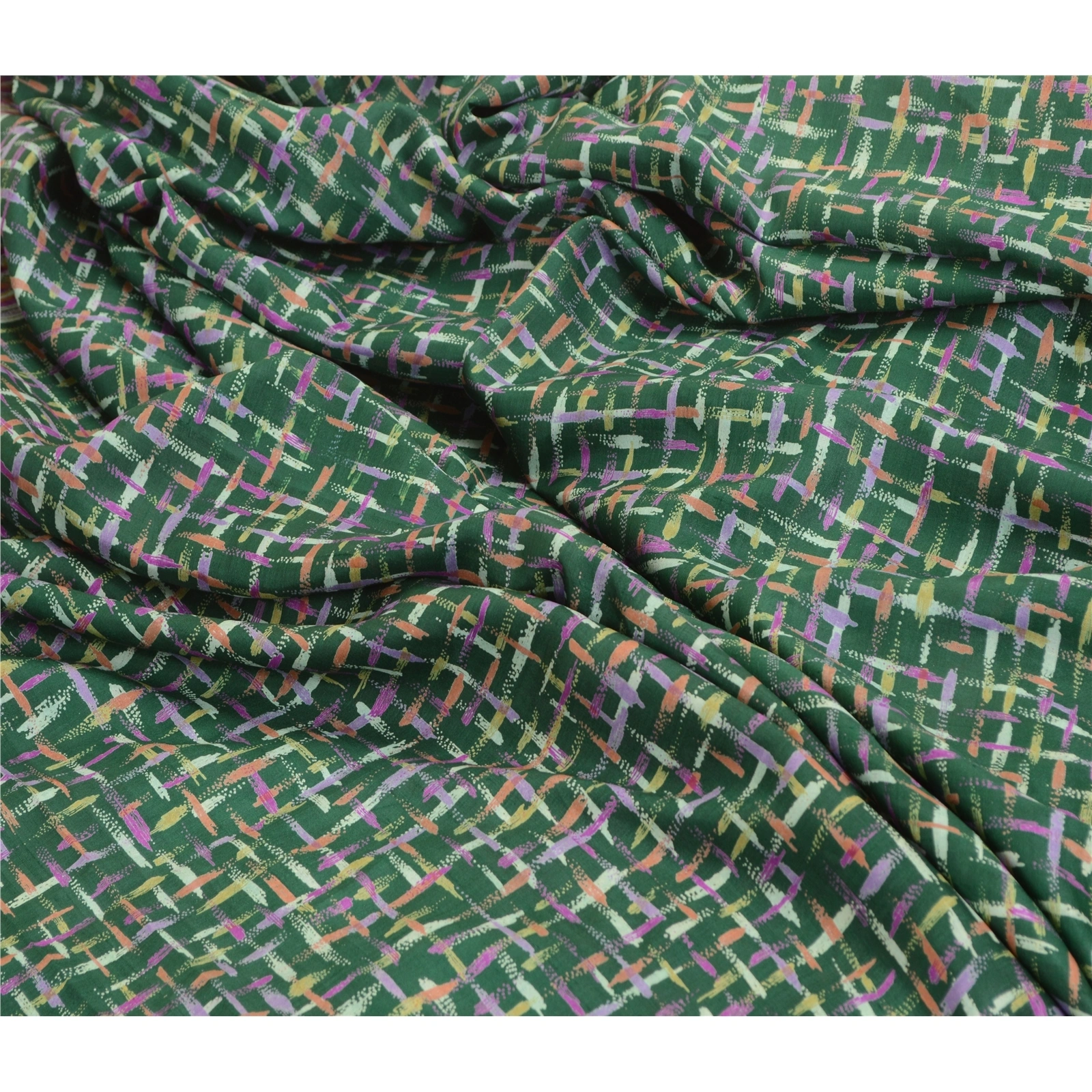 Sanskriti Vintage Sarees Indian Green Pure Silk Printed Sari Soft Craft Fabric, PR-63818-Green-Pure Silk-6